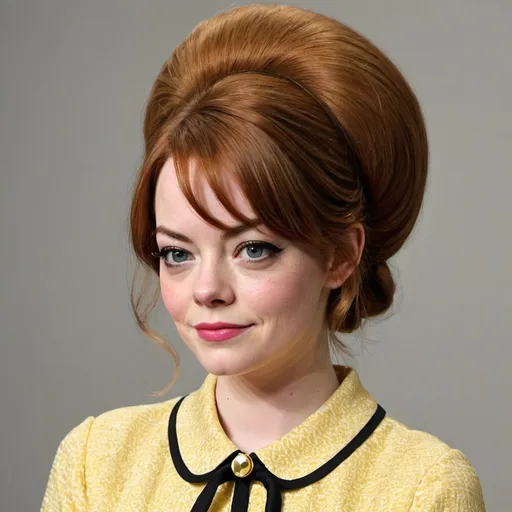 Prompt: Emma Stone dressed as a 1960's woman with big bouffant beehive hair
