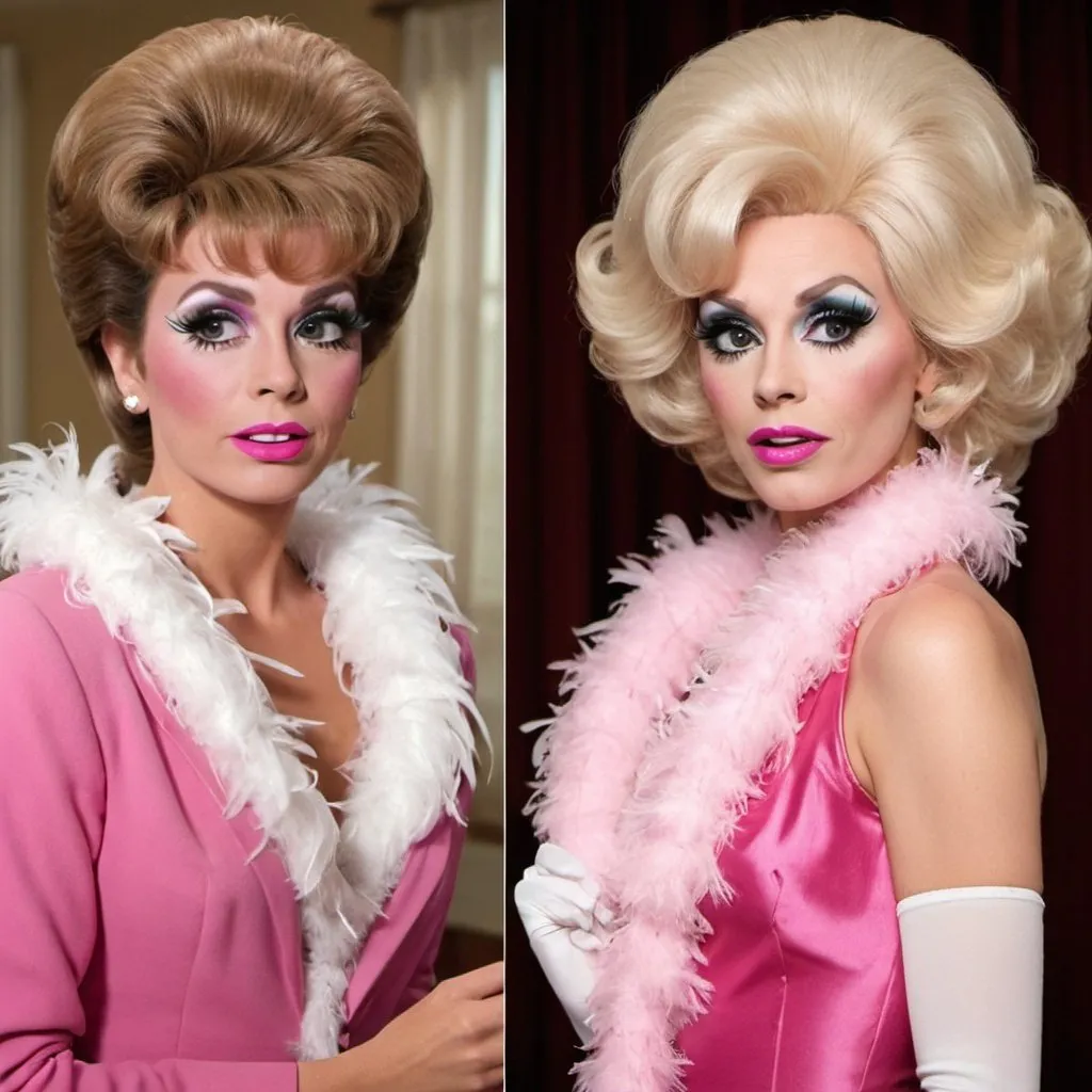 Prompt: setting, a mansion, office Woman with short brown hair, wearing a pantsuit costume, no makeup, is being transformed into a drag queen, wearing a pink dress and a white feather boa, lipstick, eyeshadow, huge blonde bouffant 1960s hair, before and after, disney style
