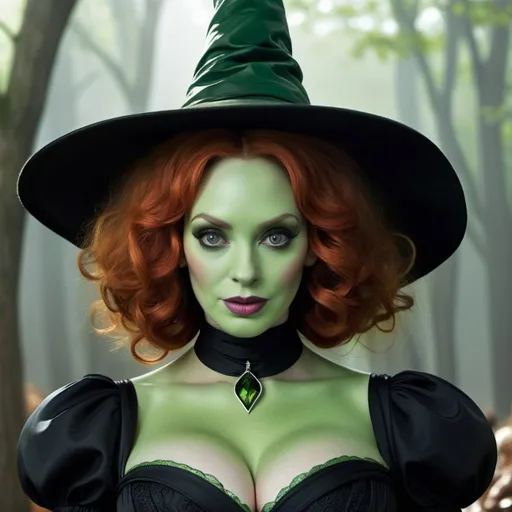 Prompt: christina hendricks as a wicked witch, green skin, overplucked eyebrows, thick curly frizzy black hair, sharp chin, big pointy crooked nose,