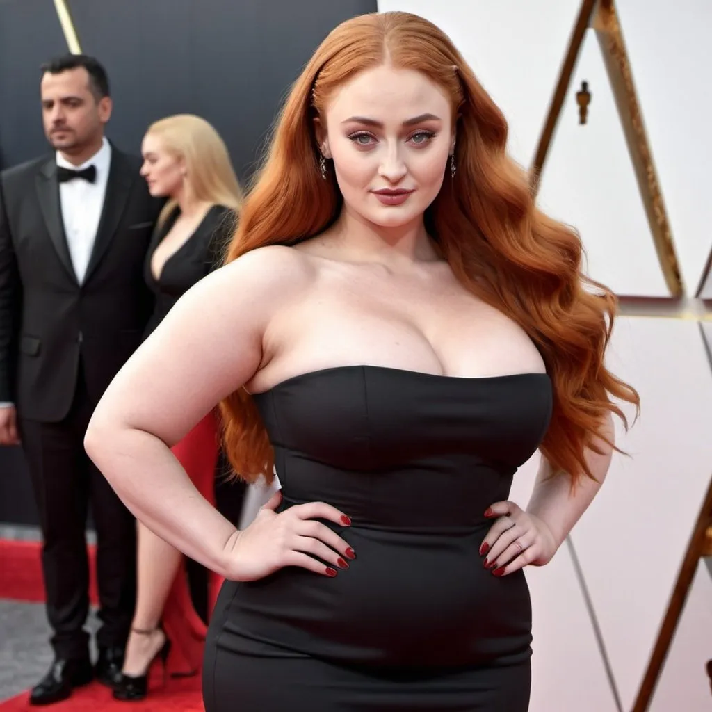 Prompt: Sophie Turner bbw chubby woman with long red big bouffant beehive hair full body shown, wearing tight dress full body shown