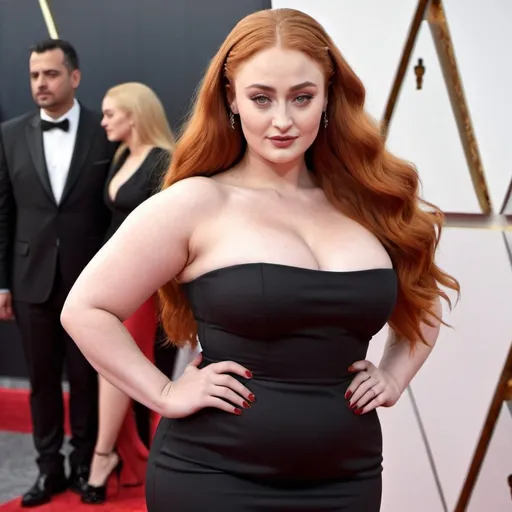 Prompt: Sophie Turner bbw chubby woman with long red big bouffant beehive hair full body shown, wearing tight dress full body shown