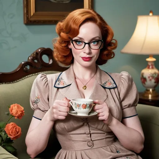 Prompt: Christina Hendricks a 1940s woman, with a pincurl hairstyle, wearing 1940s dress, cateye glasses, holding a cup of tea, sitting on a sofa, photo style, detailed face