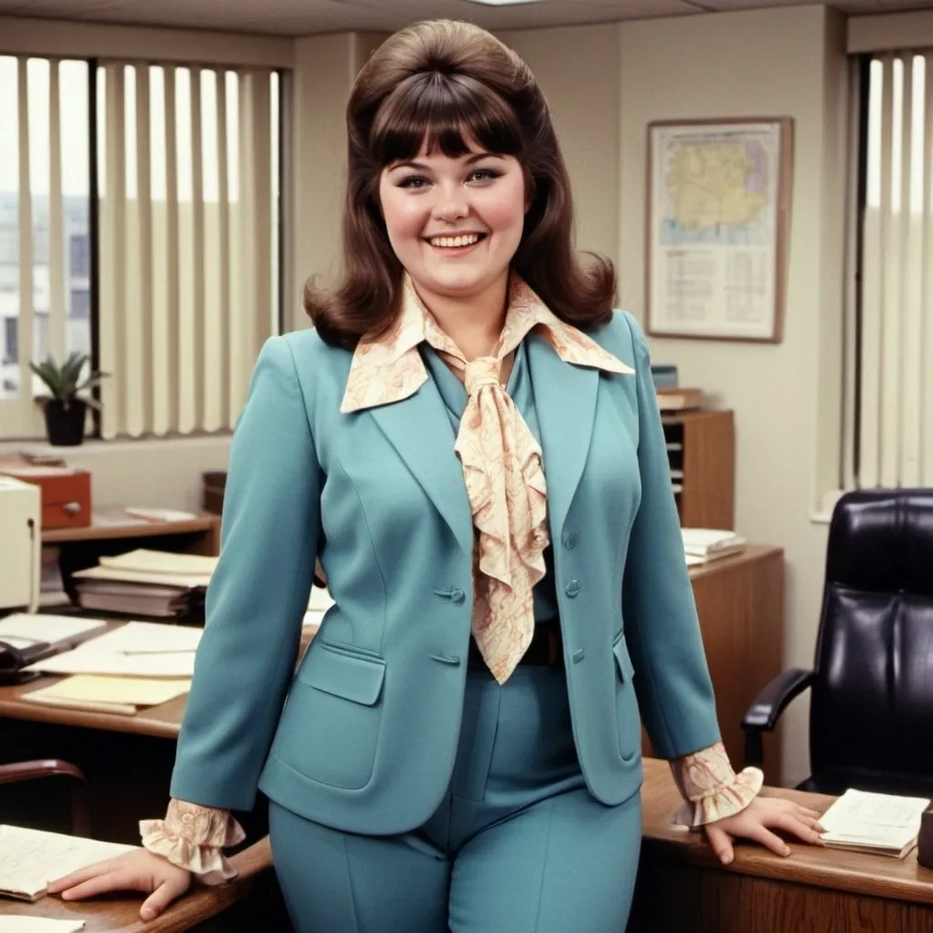 Prompt: Smiling plump woman with a mullet shag with bangs, 1970's double knit polyester three piece vested matching  business suit, blouse with a 1970s frilly ascot neckerchief in a strange office setting. 