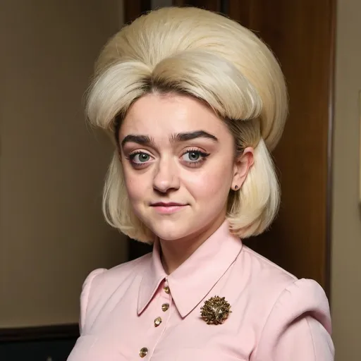 Prompt: Maisie Williams dressed as barbara windsor with big bouffant beehive long hair