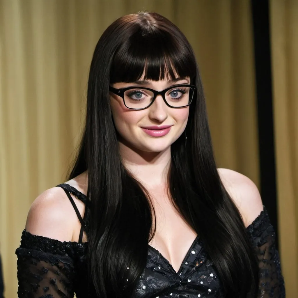 Prompt: sophie turner dressed as ugly betty black hair with bangs

