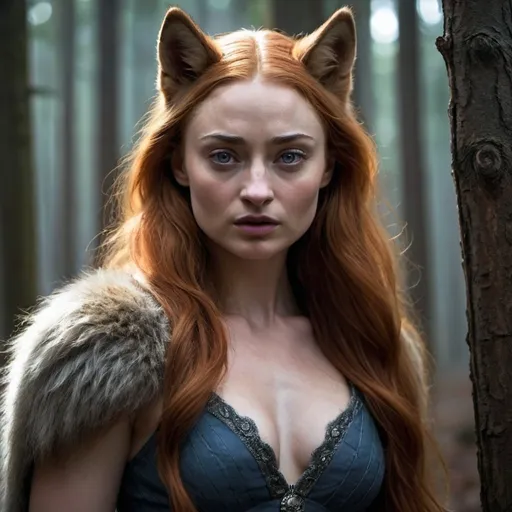 Prompt: A dramatic, full-length portrait of the captivating Sophie Turner, known for her role as Sansa Stark in "Game of Thrones," embracing an unexpected transformation into a werewolf. The scene is set against a backdrop of a moonlit forest, the silvery beams of moonlight piercing through the dense canopy of ancient trees, casting an ethereal glow on her fur-covered form. Her eyes, once a soft shade of blue, now gleam with an amber intensity reflective of the beast within. Her human skin has been replaced by a thick, textured pelt of fur, ranging from a deep auburn near her face to a darker, more saturated brown across her body. The fur is not uniform, but rather a rich tapestry of shades and patterns that highlight the powerful musculature of her werewolf physique. Her once delicate hands have morphed into mighty clawed paws, and her legs have elongated into a creature's haunches, ending in equally fearsome claws. The most striking feature, however, is her hair—usually a fiery red, it has grown wild and voluminous, blending seamlessly with the fur on her body to create a flowing mane that frames her face and cascades down her back, a fiery contrast to the earthy tones of her new form. A look of determination and a hint of feral beauty are etched on her snarling features, as if she has fully embraced her transformation. The overall composition suggests a moment of empowerment and acceptance, as she stands tall and proud, ready to conquer the night in her werewolf form.