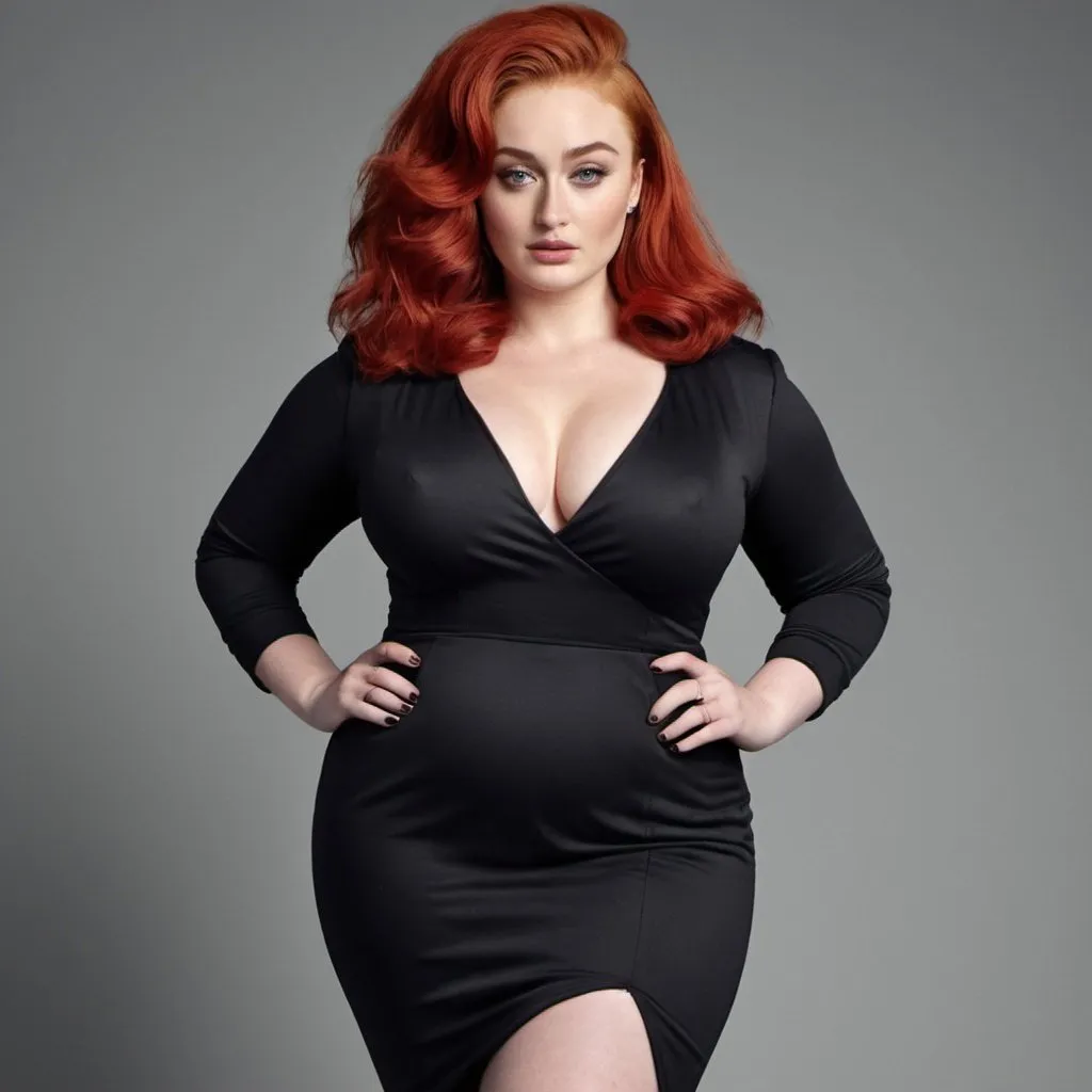 Prompt: sophie turner bbw chubby woman with red big bouffant beehive hair full body shown, wearing tight dress full body shown