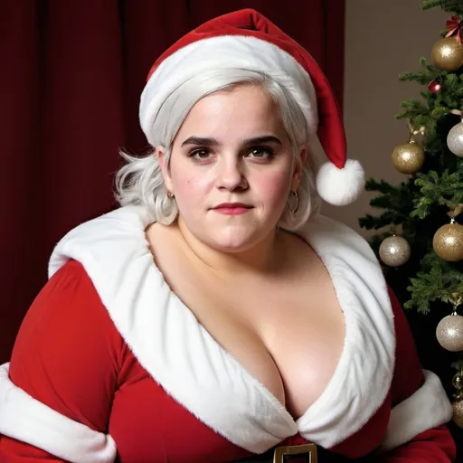 Prompt: Emma Watson dressed as bbw chubby mrs claus Woman, white hair