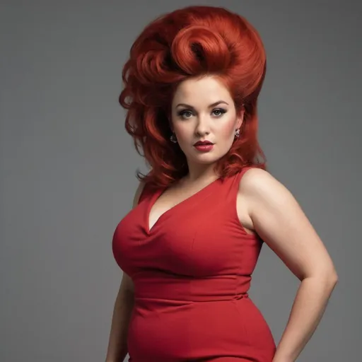 Prompt: plump woman with long red big bouffant beehive hair full body shown, wearing tight dress