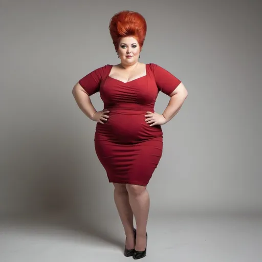 Prompt: chubby woman with long red big bouffant beehive hair full body shown, wearing tight dress