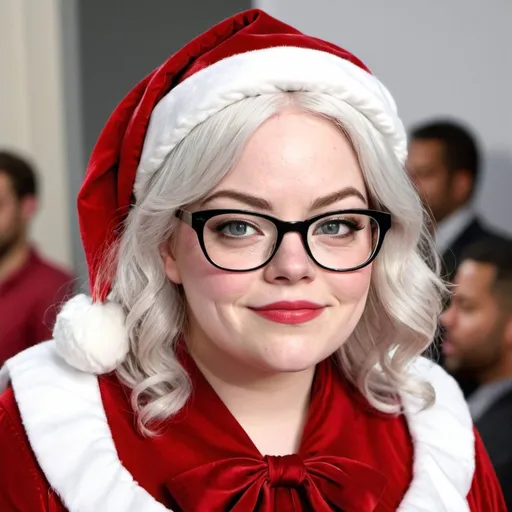 Prompt: Emma Stone dressed as bbw chubby mrs claus Woman, white hair, glasses