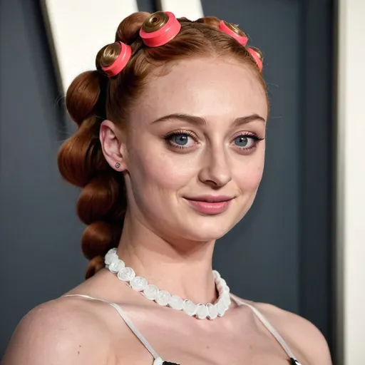 Prompt: sophie turner with hair rollers
