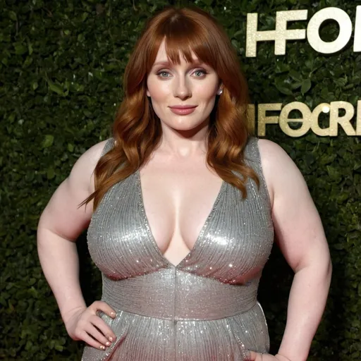 Prompt: fat Bryce Dallas Howard, chubby body, plump bbw, long hair, big chest, wearing a sparkly jumpsuit