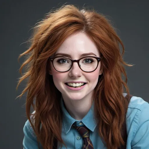 Prompt: Karen Gillan as a nerd woman with wild frizzy hair, buck teeth, glasses, acne