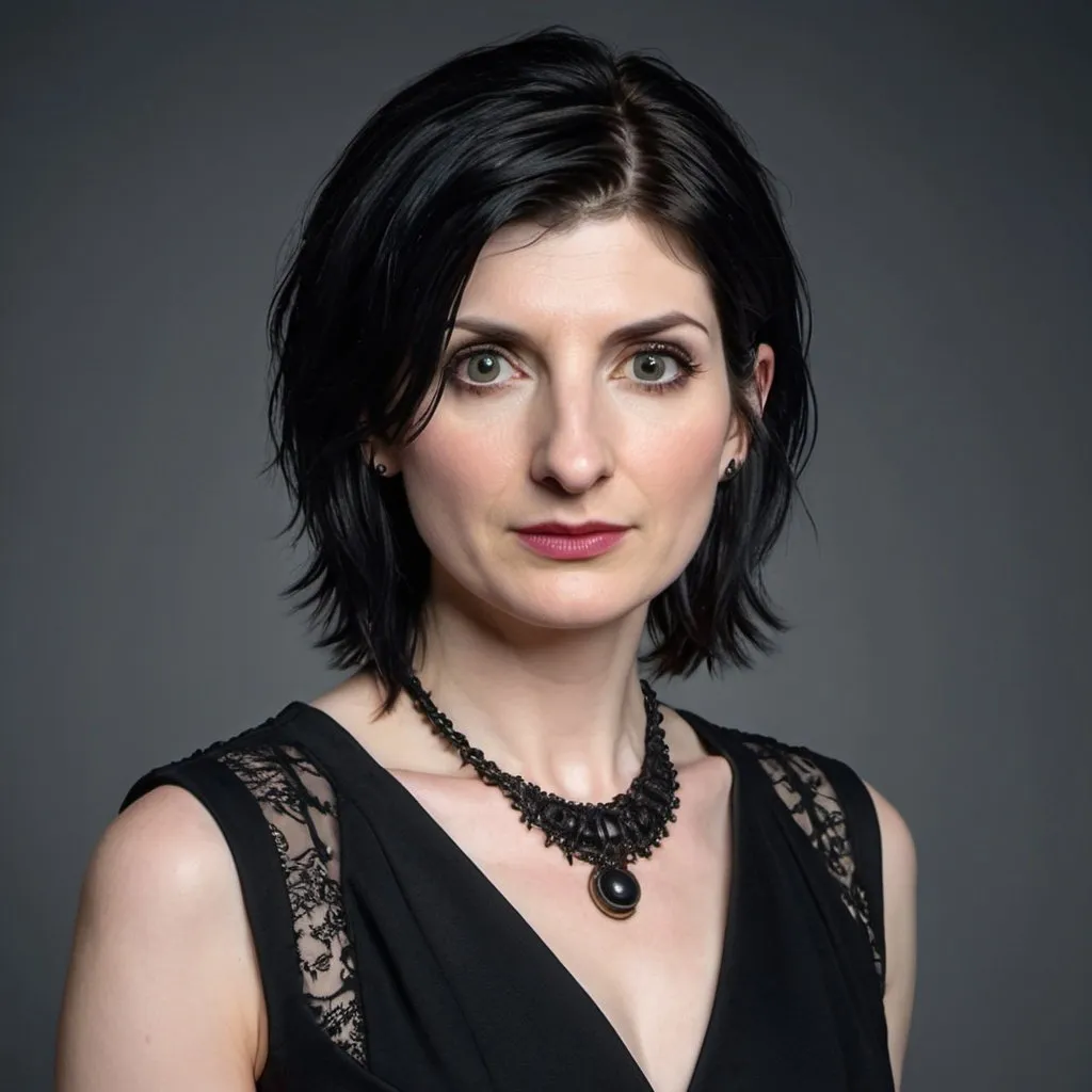 Prompt: Jodie Whittaker a goth woman, with a black mullet hairstyle, wearing black dress, photo style, detailed face