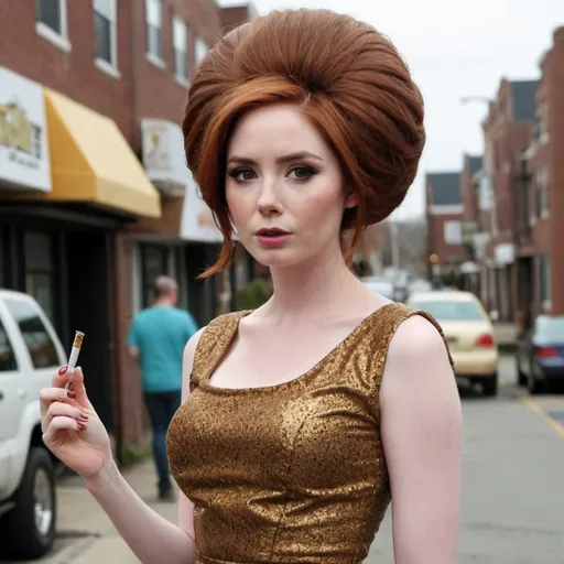 Prompt: setting, a new jersey street, karen gillan dressed as a jersey woman, with a massive bouffant beehive hairstyle, wearing tight dress, holding a cigarette, live photo, detailed face
