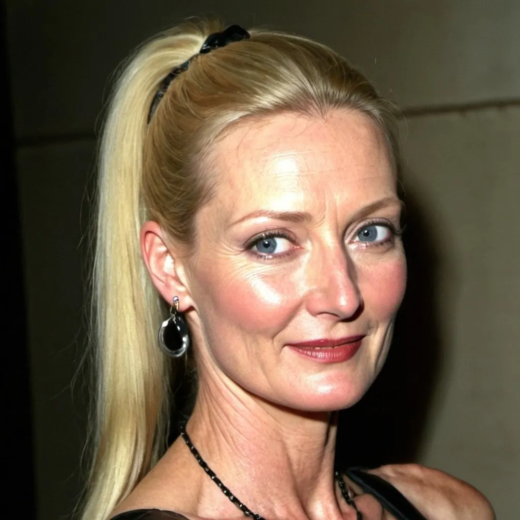 Prompt: joely richardson dressed as a dominatrix with a high long ponytail hairstyle 