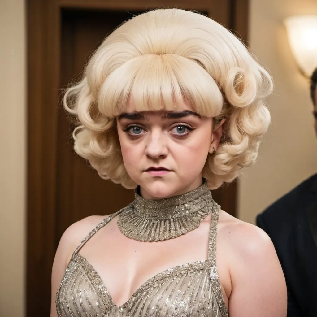 Prompt: Maisie williams dressed as mae west with big bouffant hair