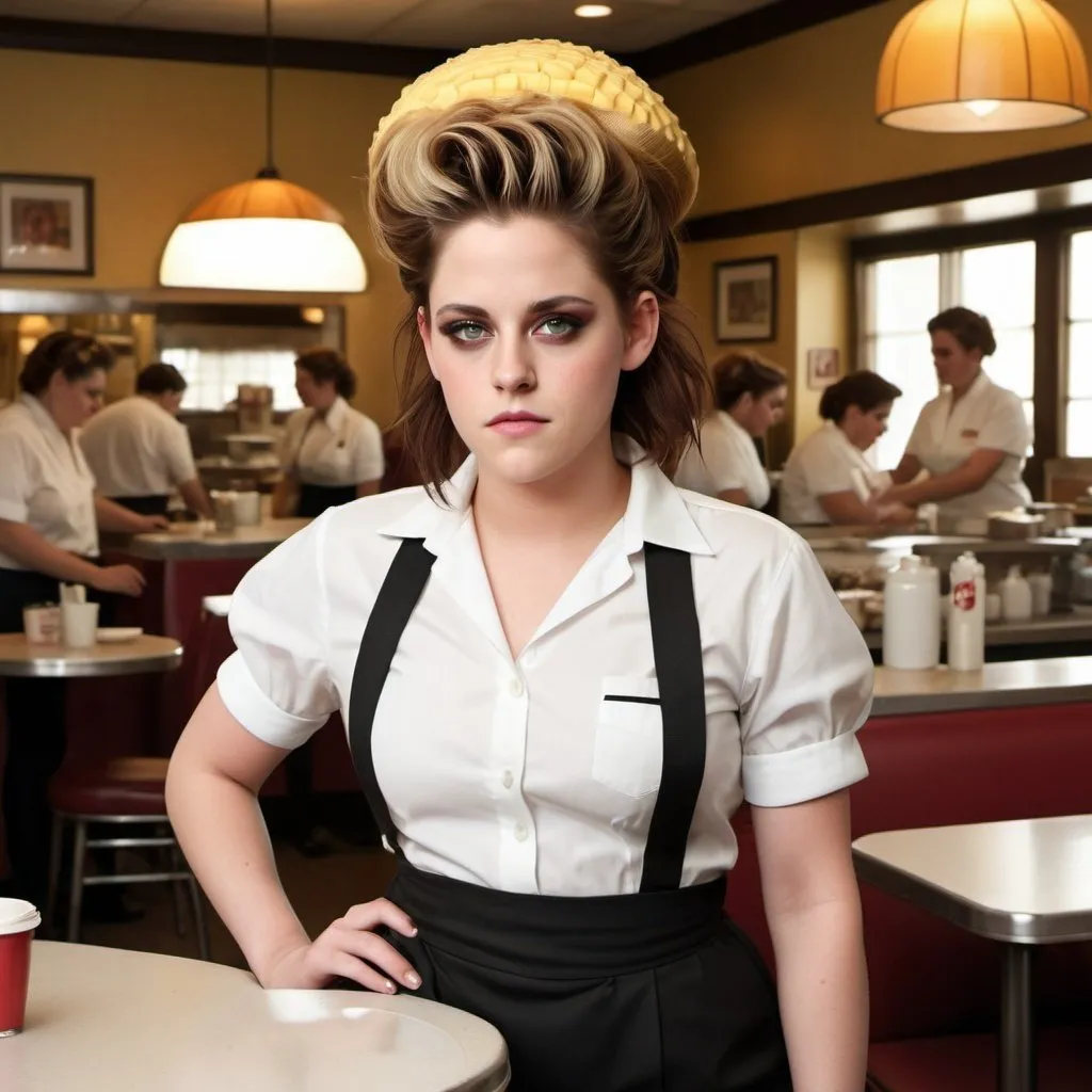 Prompt: Kristen Stewart a overweight waitress, wearing waitress outfit, giant bouffant beehive hairstyle, makeup, photo style, detailed face, full body