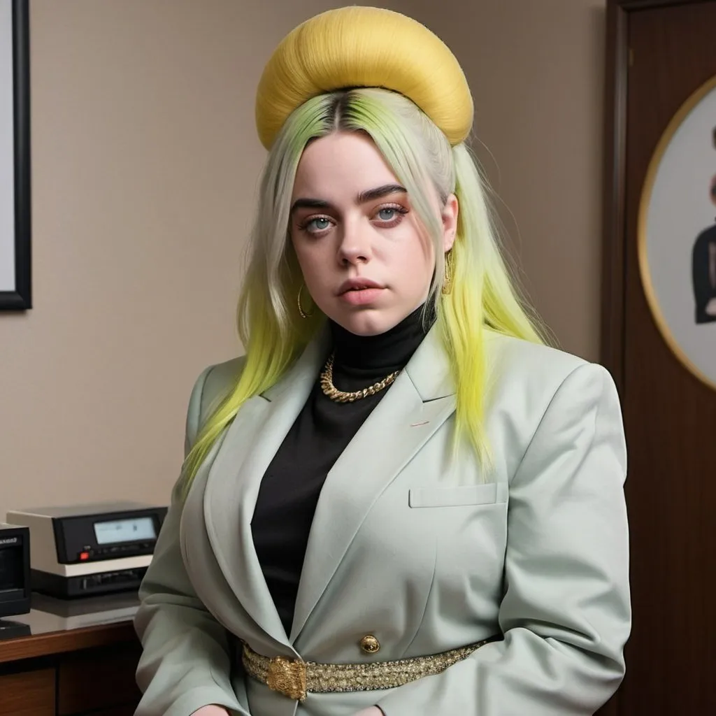 Prompt: Billie Eilish a overweight secretary, wearing dress suit with a skirt outfit, giant bouffant beehive hairstyle, makeup, photo style, detailed face, full body