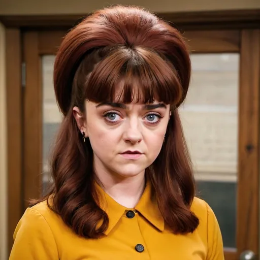 Prompt: Maisie Williams dressed as peggy bundy with big bouffant beehive long hair