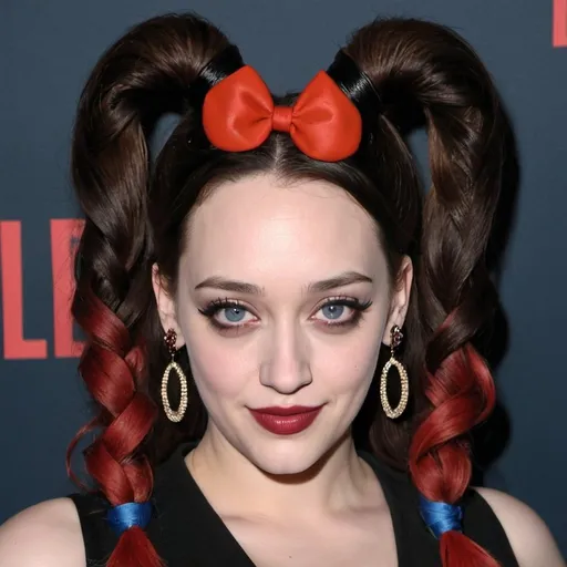 Prompt: kat dennings dressed as harley Quin with big bouffant pigtail hair