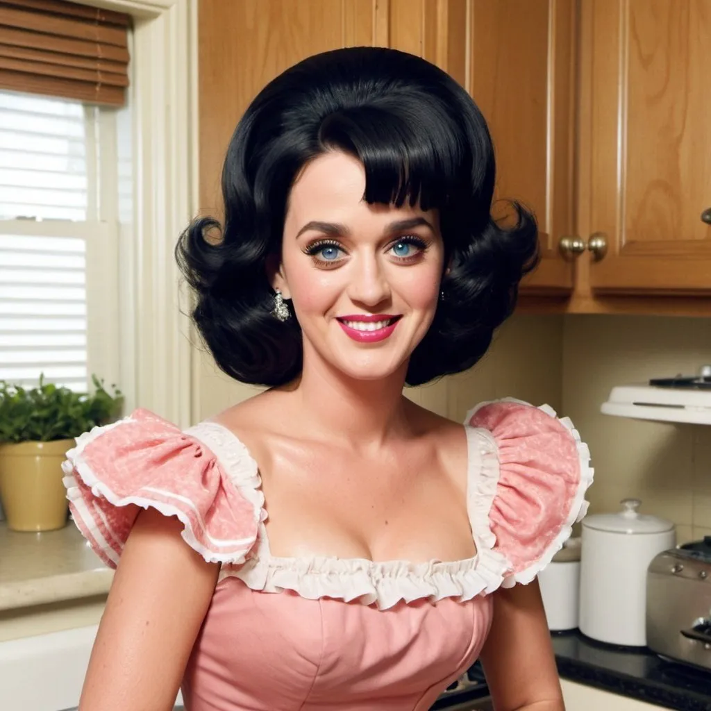 Prompt: Katy Perry conservative housewife in a kitchen, dazed smile, tan skin, wearing a poofy modest frilly dress, lipstick, eyeshadow, huge bouffant 1960s hair, 