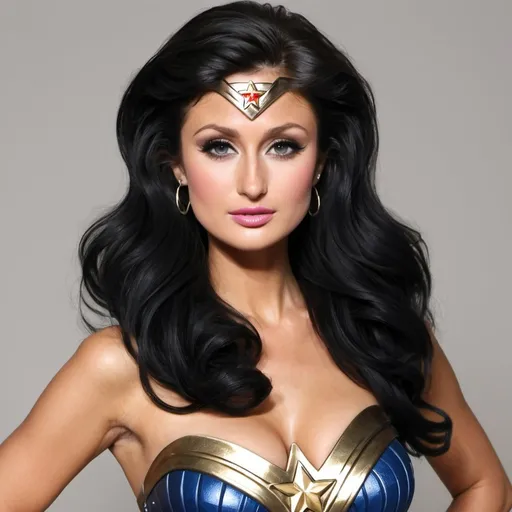 Prompt: Paris Hilton dressed as Wonder Woman  with big bouffant black hair