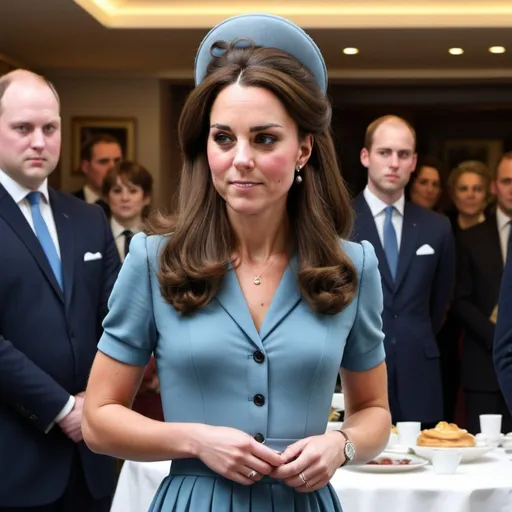 Prompt: Kate Middleton a overweight waitress, wearing waitress outfit, giant bouffant beehive hairstyle, makeup, photo style, detailed face, full body