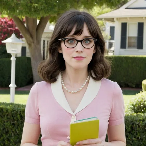 Prompt: Zooey Deschanel in a delightful transformation, embodying the essence of a middle-aged Karen mom with a twist of her signature charm. She sports a short blonde bouffant stacked a-line bob hairstyle that adds volume and structure to her look, reminiscent of the iconic 1960s hairdo. The ensemble is completed with a pastel pink cardigan, a crisp collared blouse, and a pearl necklace, all perfectly capturing the suburban chic style of the character she portrays. Her makeup is understated yet polished, with a hint of blush and a soft pink lipstick that complements her wide-framed glasses. A string of pearls adds a touch of elegance to her attire. Zooey's eyes are warm and slightly puzzled, as if pondering a minor dilemma of the day, such as choosing the right brand of almond milk for her morning coffee. The background is a well-manicured lawn with a white picket fence, setting the stage for a quintessential suburban scene. In her hand, she holds a shopping list with the words "gluten-free bagels" and "organic avocados" scribbled in a neat handwriting, hinting at her character's meticulous nature and health-conscious lifestyle. The overall vibe is a playful homage to the archetypal Karen, yet infused with the unique quirkiness and likability that Deschanel is known for. Her posture is slightly hunched, as if she's just come from a PTA meeting, and she's dressed in sensible flats that speak to her practicality. The image is a charming blend of satire and nostalgia, inviting viewers to both recognize and appreciate the subtle nuances of a modern-day Karen through the whimsical lens of Zooey's endearing persona.