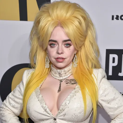 Prompt: Billie Eilish dressed as Dolly Parton with big bouffant hair