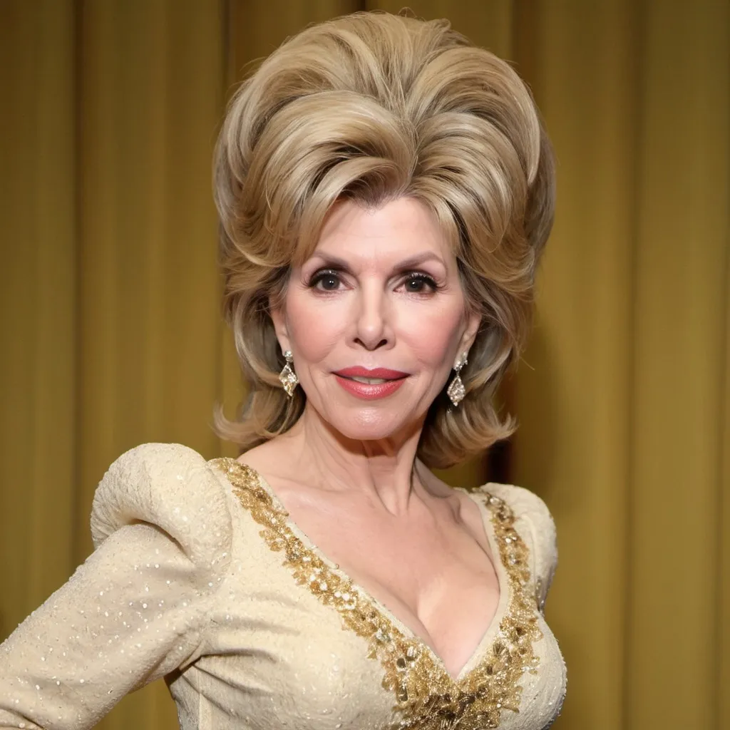 Prompt: christine baranski dressed as dolly parton with a big bouffant beehive hairstyle