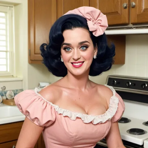Prompt: Katy Perry conservative housewife in a kitchen, dazed smile, tan skin, wearing a poofy modest frilly dress, lipstick, eyeshadow, huge bouffant 1960s hair, 