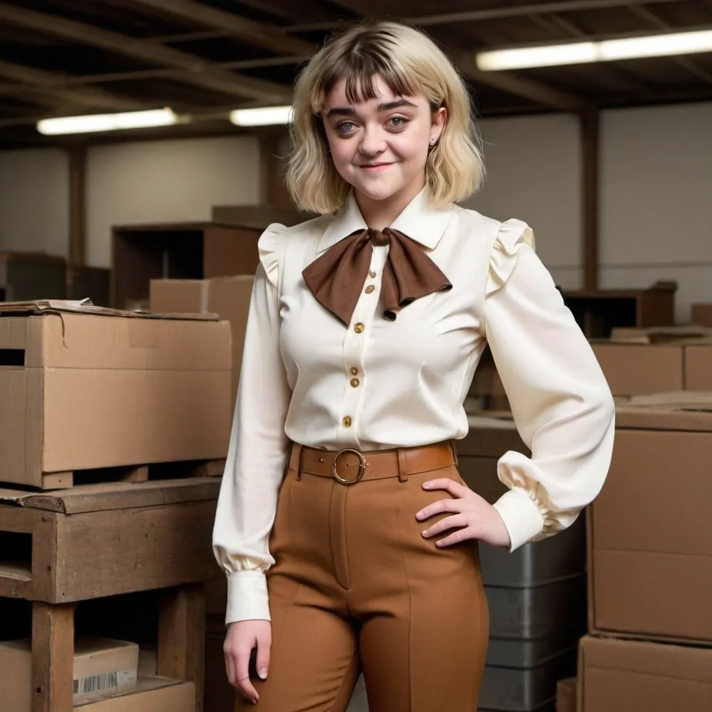 Prompt: maisie williams Smiling heavy woman with large thighs with a blonde mullet shag with bangs beige and brown comtrasting ripped up and 
worn out 1970's double knit polyester three piece vested matching  business suit with poofy wide shoulder pads, very wide collar, wide lapels, blouse with a very wide 1970s frilly ascot neckerchief in an old warehouse