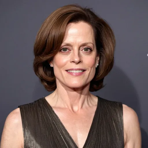 Prompt: sigourney weaver dressed as a karen mom woman with a stacked a line bob hairstyle