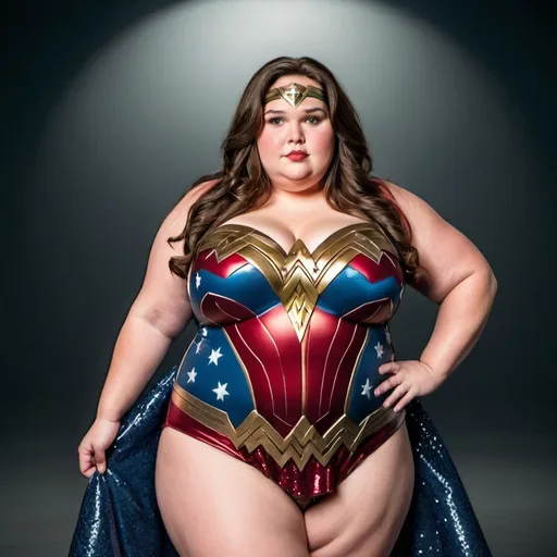 Prompt: fat Wonder Woman, chubby body, plump bbw, long hair, big chest, wearing a sparkly dress