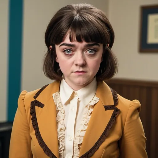 Prompt: maisie williams, dressed as a 1970s woman, wearing a 1970s blazer with a wide collar, a frilly shirt and a pencil skirt, 1970s bouffant mullet shag with bangs hairstyle