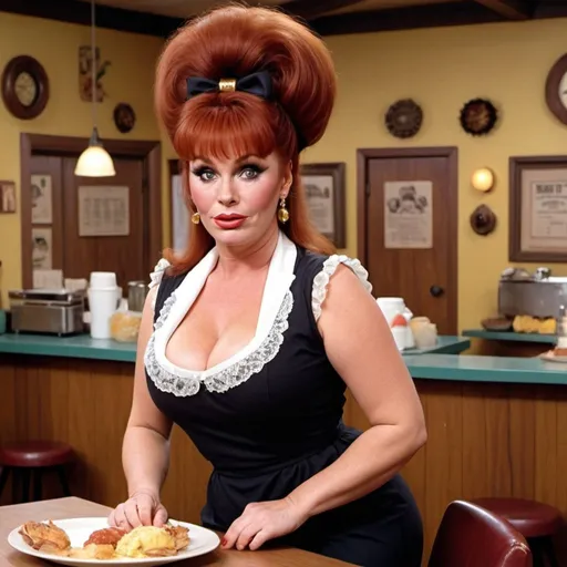 Prompt: Peggy Bundy a overweight waitress, wearing waitress outfit, giant bouffant beehive hairstyle, makeup, photo style, detailed face, full body