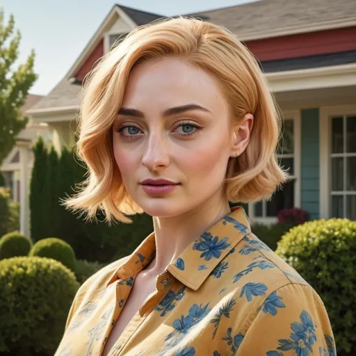 Prompt: sophie turner dressed as a middle aged karen mom woman with a blonde bouffant stacked a line bob hairstyle