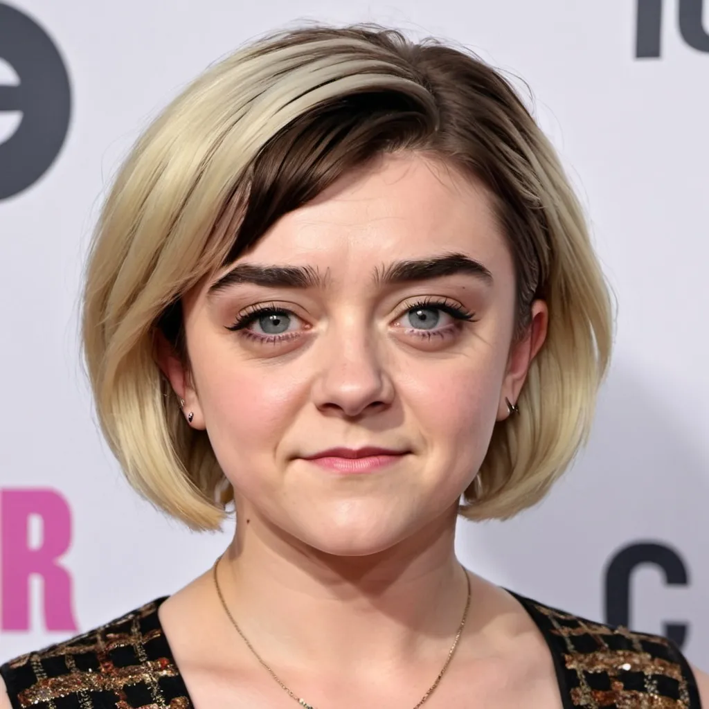 Prompt: maisie williams dressed as a middle aged karen mom woman with a blonde bouffant stacked a line bob hairstyle