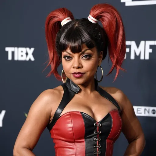 Prompt: Taraji P. Henson dressed as harley Quin with big bouffant pigtail hair