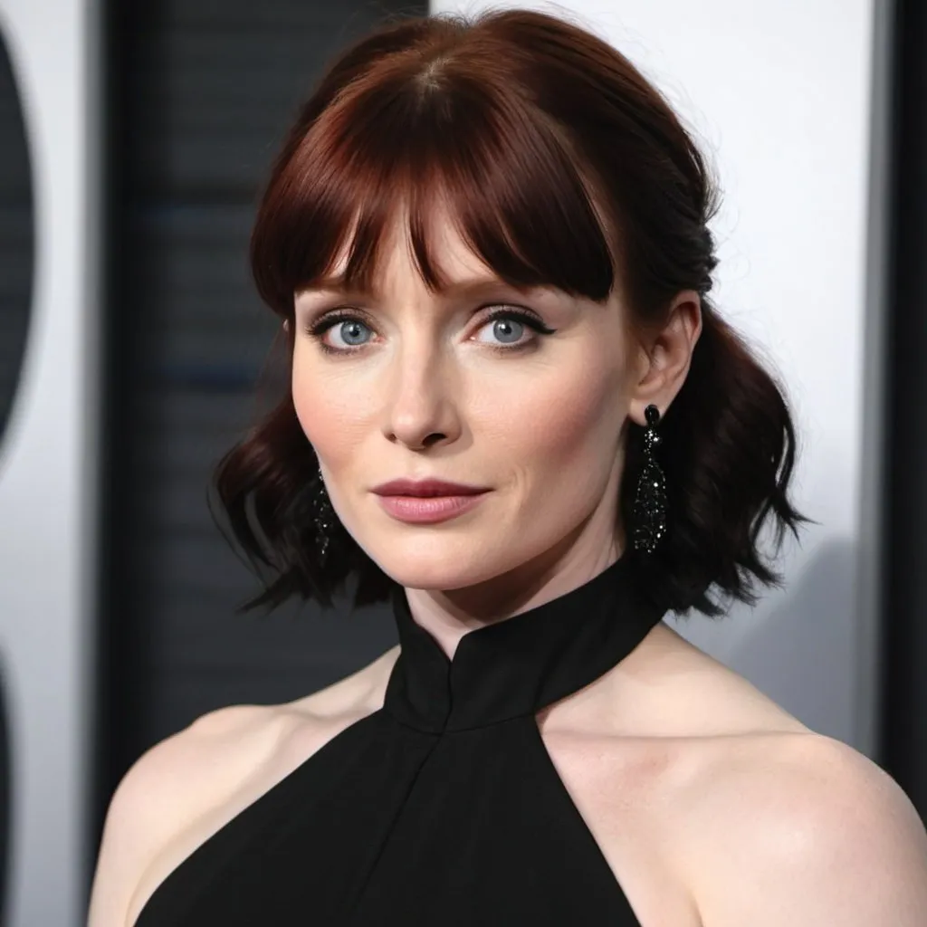 Prompt: Bryce Dallas howard a goth woman, with a black mullet hairstyle, wearing black dress, photo style, detailed face