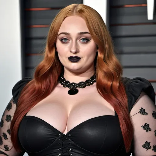 Prompt: Sophie Turner dressed as bbw chubby goth Woman