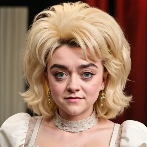 Prompt: Maisie Williams dressed as Dolly Parton with big bouffant hair