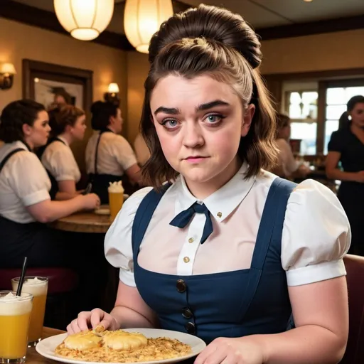 Prompt: Maisie Williams a overweight bbw chubby waitress, wearing waitress outfit, giant bouffant beehive hairstyle, makeup, photo style, detailed face, full body