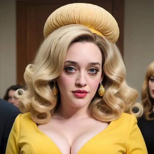 Prompt: Kat Dennings dressed as stepford wife with massive bouffant beehive long blonde hair