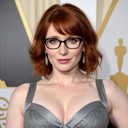 Prompt: hd photo of bryce dallas howard sultry mature woman, curvy body, cocktail dress, bouffant grey hair, glasses
