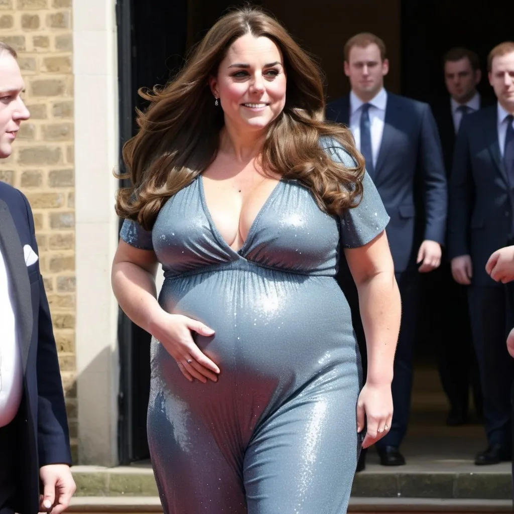 Prompt: fat Kate Middleton, chubby body, plump bbw, long hair, big chest, wearing a sparkly jumpsuit