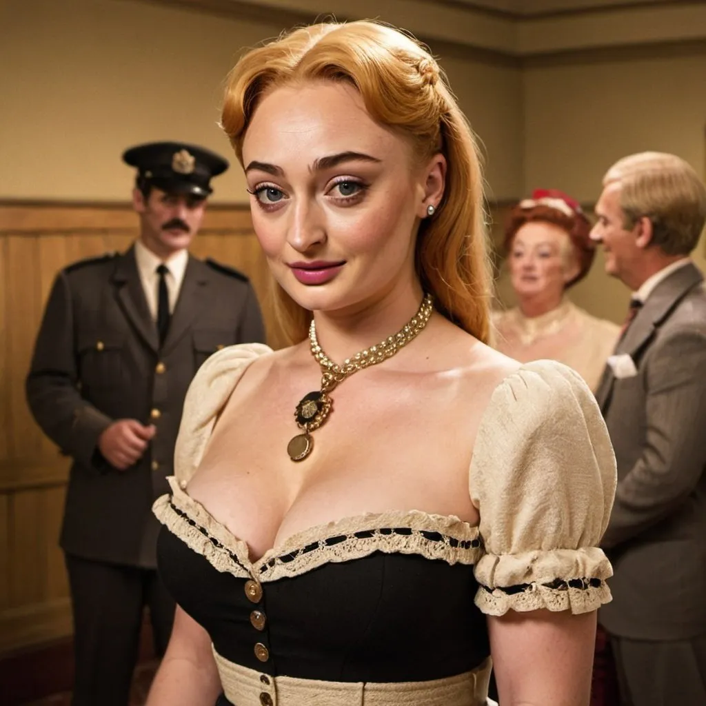 Prompt: Sophie turner dressed as Joan Sims