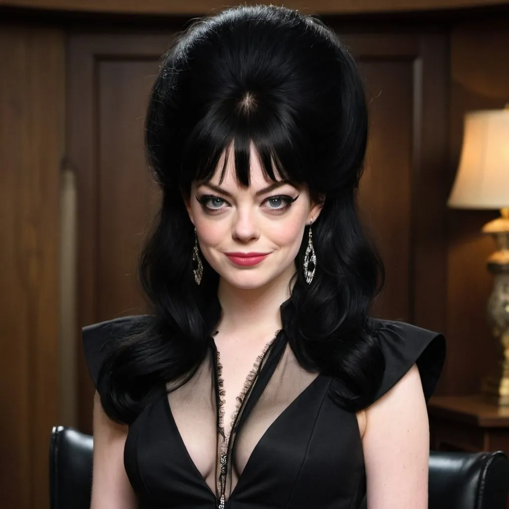 Prompt: emma stone Dressed as Elvira Mistress of the dark, Big bouffant Beehive black hair